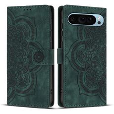 Per Google Pixel 9 / 9 Pro Custodia per telefono in pelle smerigliata retrò con motivo mandala in rilievo (verde)