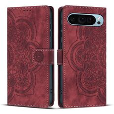 Per Google Pixel 9 Pro XL Custodia per telefono in pelle smerigliata retrò con motivo mandala in rilievo (rosso)
