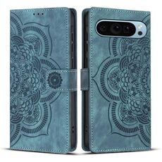 Per Google Pixel 9 Pro XL Custodia per telefono in pelle smerigliata retrò con motivo mandala in rilievo (blu)