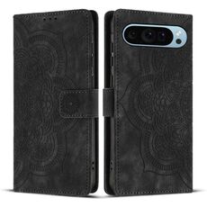 Per Google Pixel 9 Pro XL Custodia per telefono in pelle smerigliata retrò con motivo mandala in rilievo (nero)
