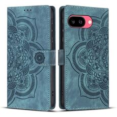 Per Google Pixel 9a Custodia per telefono in pelle smerigliata retrò con motivo mandala in rilievo (blu)