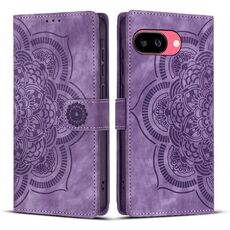 Per Google Pixel 9a Custodia per telefono in pelle smerigliata retrò con motivo mandala in rilievo (viola)