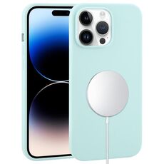 Custodia per iPhone 14 Pro Max in silicone liquido con copertura totale MagSafe (ciano)