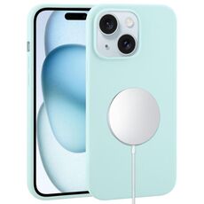 Custodia per iPhone 15 Plus con copertura totale in silicone liquido MagSafe (ciano)