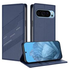 Custodia in pelle retrò con portafoglio multifunzionale in rilievo per Google Pixel 9 Pro (blu scuro)