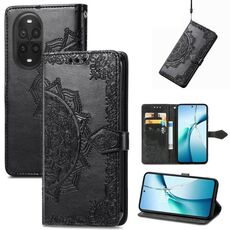 Custodia in pelle con stampa mandala e fiore per Huawei Nova 13 Pro (nera)