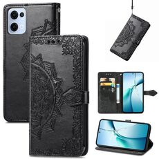 Custodia in pelle goffrata con motivo mandala floreale per OPPO Reno13 Pro (nera)
