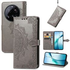 Custodia in pelle goffrata con motivo mandala floreale per Xiaomi 15 Ultra (grigio)