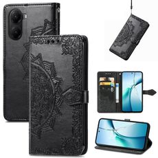 Custodia in pelle goffrata con motivo mandala floreale per Redmi Turbo 4 (nera)