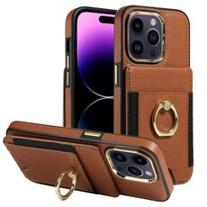 Custodia in pelle per iPhone 16 Pro Max con anello multifunzionale e flip verticale, con retro a portafoglio (marrone)