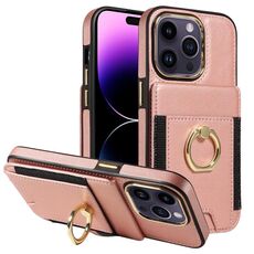 Custodia in pelle per iPhone 16 Pro Max con anello multifunzionale, verticale, con portafoglio e flip cover posteriore (oro rosa)