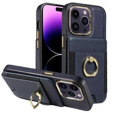Custodia in pelle per iPhone 16 Pro Max con anello multifunzione, verticale, con chiusura a portafoglio (blu scuro)