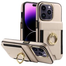 Custodia in pelle per iPhone 16 Pro Max con anello multifunzionale, verticale, con portafoglio e flip cover posteriore (beige)
