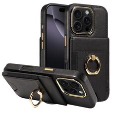 Custodia in pelle per iPhone 16 Pro con anello multifunzionale, verticale, con chiusura a portafoglio e retro (nera)