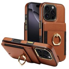 Custodia in pelle per iPhone 16 Pro con anello multifunzionale e flip verticale, con retro a portafoglio (marrone)