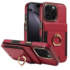 Custodia per iPhone 16 Pro con anello multifunzionale, verticale, con portafoglio e cover posteriore in pelle (rossa)
