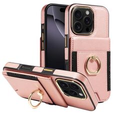 Custodia in pelle per iPhone 16 Pro con anello multifunzionale, verticale, con chiusura a portafoglio e retro, (oro rosa)