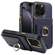Custodia in pelle per iPhone 16 Pro con anello multifunzione verticale e flip, con retro a portafoglio (blu scuro)