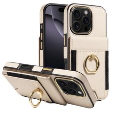 Custodia in pelle per iPhone 16 Pro con anello multifunzionale, verticale, con chiusura a portafoglio e retro, (beige)