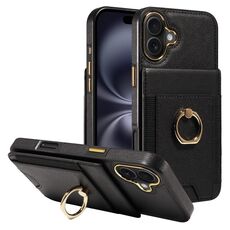 Custodia per iPhone 16 Plus con anello multifunzione, verticale, con portafoglio e cover posteriore in pelle (nera)