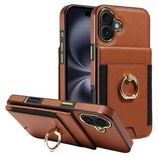 Custodia in pelle per iPhone 16 Plus, con anello multifunzione, verticale, con chiusura a portafoglio (marrone)