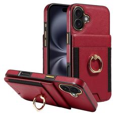 Custodia per iPhone 16 Plus con anello multifunzione, verticale, con portafoglio e cover posteriore in pelle (rossa)