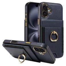 Custodia in pelle per iPhone 16 Plus con anello multifunzione verticale e flip, con retro a portafoglio (blu scuro)