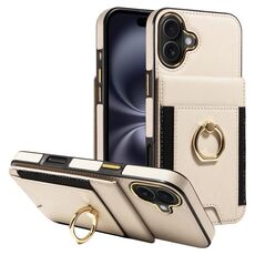 Custodia in pelle per iPhone 16 Plus con anello multifunzionale e flip verticale, con retro a portafoglio (beige)