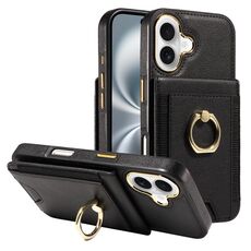 Custodia per iPhone 16 con anello multifunzionale, verticale, con portafoglio e cover posteriore in pelle (nera)