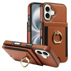 Custodia per iPhone 16 in pelle con chiusura a portafoglio verticale multifunzione ad anello (marrone)