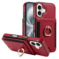 Custodia per iPhone 16 con anello multifunzionale verticale, portafoglio, cover posteriore in pelle (rosso)