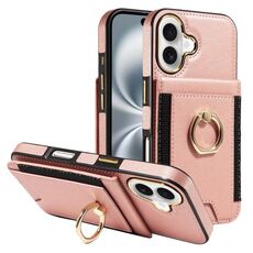 Custodia in pelle per iPhone 16 con anello multifunzionale e flip verticale, con custodia posteriore (oro rosa)