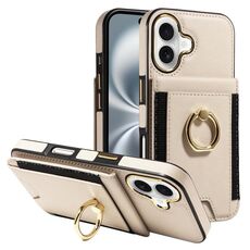 Custodia per iPhone 16 con anello multifunzionale, verticale, con portafoglio e cover posteriore in pelle (beige)