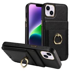 Custodia per iPhone 15 Plus con anello multifunzionale, verticale, con portafoglio e cover posteriore in pelle (nera)