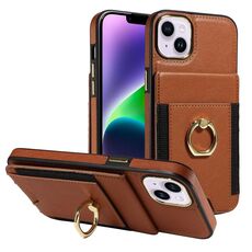 Custodia per iPhone 15 Plus con anello multifunzionale, verticale, con portafoglio e cover posteriore in pelle (marrone)