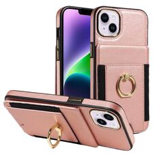 Custodia in pelle per iPhone 15 Plus con anello multifunzionale e flip verticale, con retro a portafoglio (oro rosa)