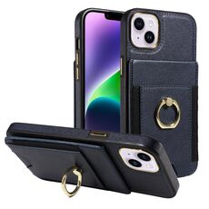 Custodia in pelle per iPhone 15 Plus con anello multifunzione verticale e flip cover posteriore (blu scuro)