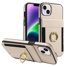 Custodia per iPhone 15 Plus con anello multifunzionale, verticale, con portafoglio e cover posteriore in pelle (beige)