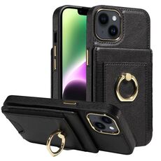 Custodia per iPhone 14 con anello multifunzionale, verticale, con portafoglio e cover posteriore in pelle (nera)
