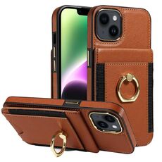 Custodia per iPhone 14 in pelle con anello multifunzionale e flip verticale (marrone)