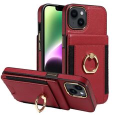 Custodia per iPhone 14 con anello multifunzione, verticale, con portafoglio e cover posteriore in pelle (rossa)