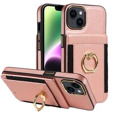 Custodia in pelle per iPhone 14 con anello multifunzione, verticale, con chiusura a portafoglio e retro (oro rosa)