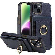 Custodia in pelle per iPhone 14 con anello multifunzione, verticale, con chiusura a portafoglio e retro (blu scuro)