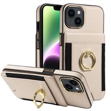 Custodia in pelle per iPhone 14 con anello multifunzionale e flip verticale, con retro a portafoglio (beige)
