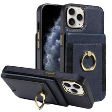 Custodia in pelle per iPhone 14 Pro Max con anello multifunzione, verticale, con chiusura a portafoglio (blu scuro)