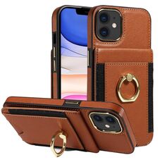 Custodia per iPhone 11 in pelle con chiusura a portafoglio verticale multifunzione e anello (marrone)