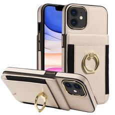 Custodia per iPhone 11 con anello multifunzionale, verticale, con portafoglio e cover posteriore in pelle (beige)
