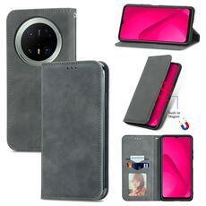 Custodia a libro magnetica in pelle con effetto pelle retrò per Huawei Mate 70 Pro (grigio)