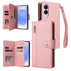 Custodia in pelle a tre ante con fibbia a rivetto per Samsung Galaxy S25 Edge 5G e 9 carte (oro rosa)