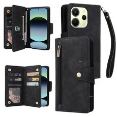 Custodia in pelle a tre pieghe con fibbia a rivetto per Redmi Note 14 4G da 164,84 mm e 9 carte (nera)
